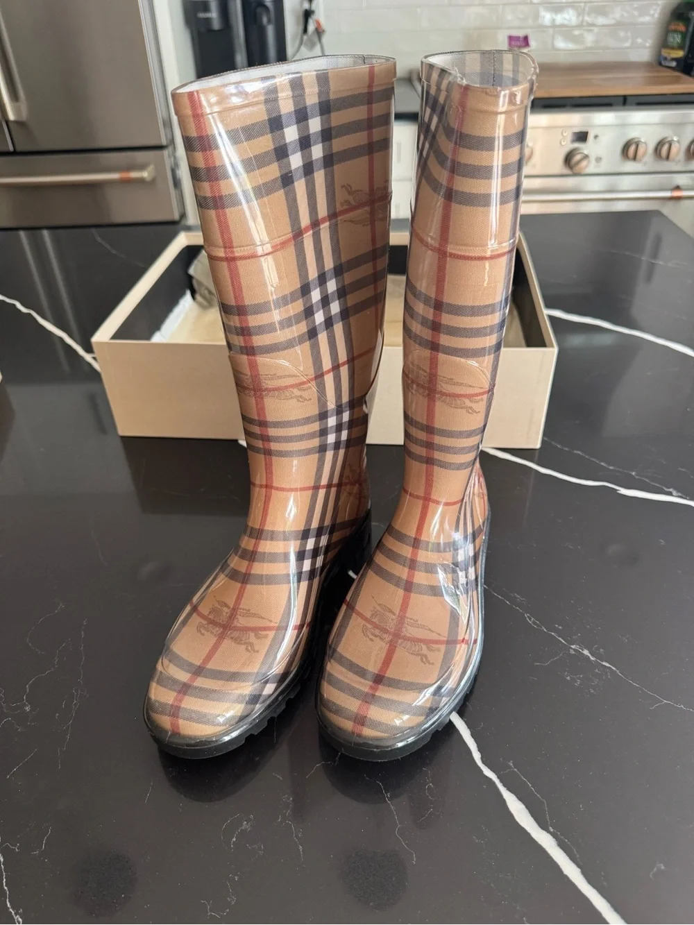 Burberry Beige Plaid Tall Rain Boots with Black Sole